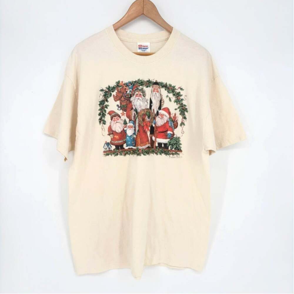 Hanes Vintage Holiday Print Oatmeal Unisex Tee Size XL